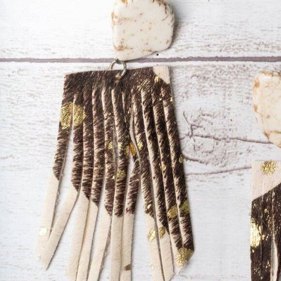 Let's Go Girls Cream Slab Stud With Brown Gold Foil Cowhide Fringe Earrings - Picture 2 of 2